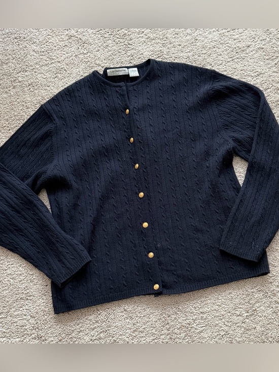 Liz Claiborne Sweaters - Liz Claiborne Collection Black 100% Merino Wool Cardigan Sweater Gold Button vtg